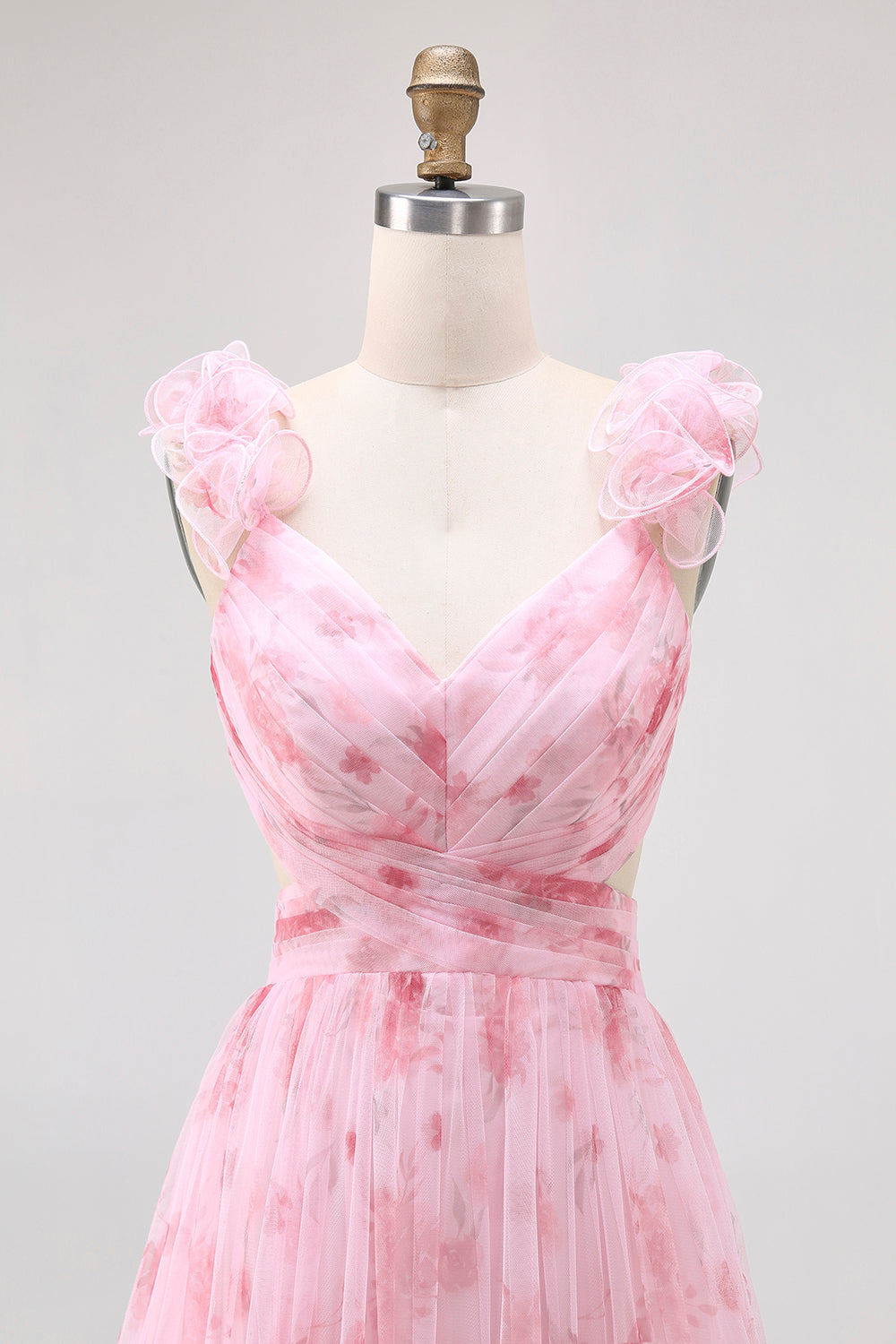 Blush Floral Printed A Line Tulle Long Bridesmaid Dress with Ruffles