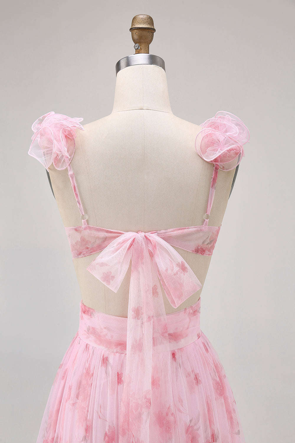 Blush Floral Printed A Line Tulle Long Bridesmaid Dress with Ruffles