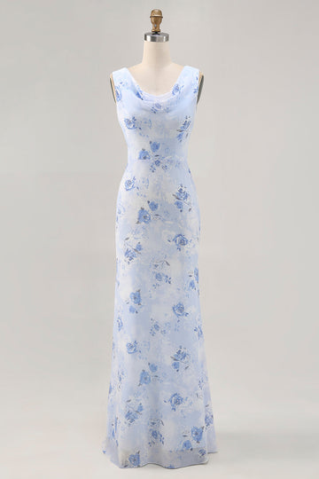 Blue Floral Cowl Neck Sheath Long Wedding Guest Dress