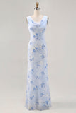 Blue Floral Cowl Neck Sheath Long Wedding Guest Dress