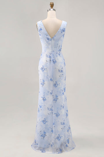 Blue Floral Cowl Neck Sheath Long Wedding Guest Dress