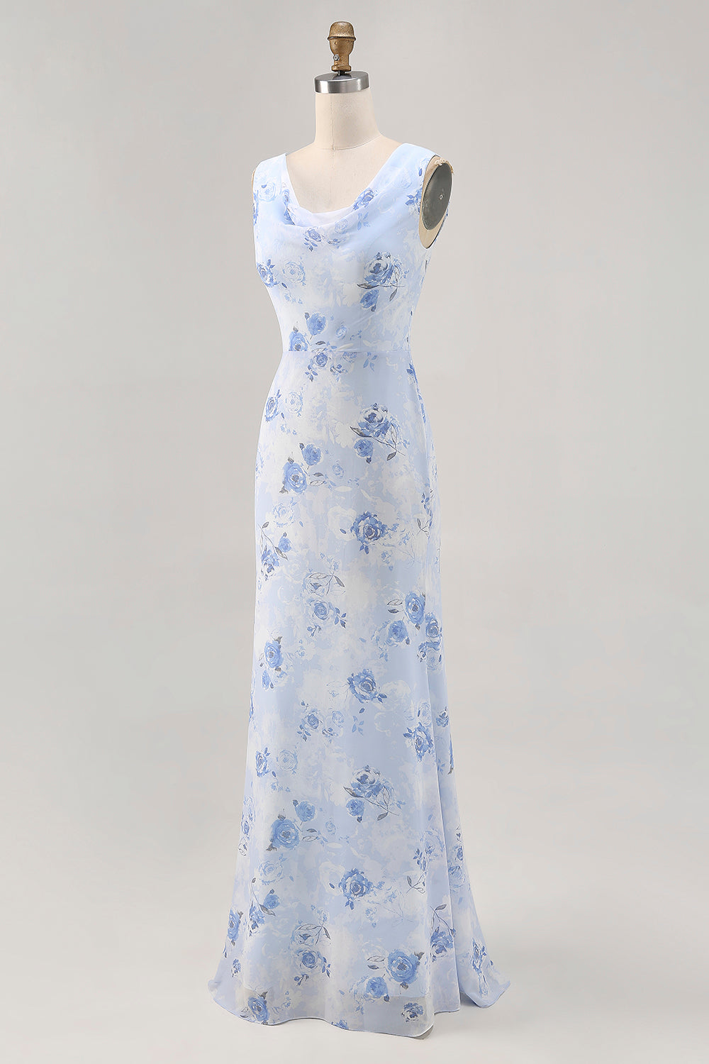 Blue Floral Cowl Neck Sheath Long Wedding Guest Dress