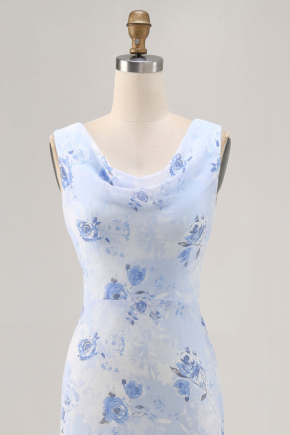 Blue Floral Cowl Neck Sheath Long Wedding Guest Dress