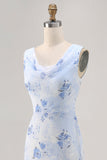 Blue Floral Cowl Neck Sheath Long Wedding Guest Dress