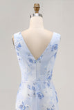 Blue Floral Cowl Neck Sheath Long Wedding Guest Dress