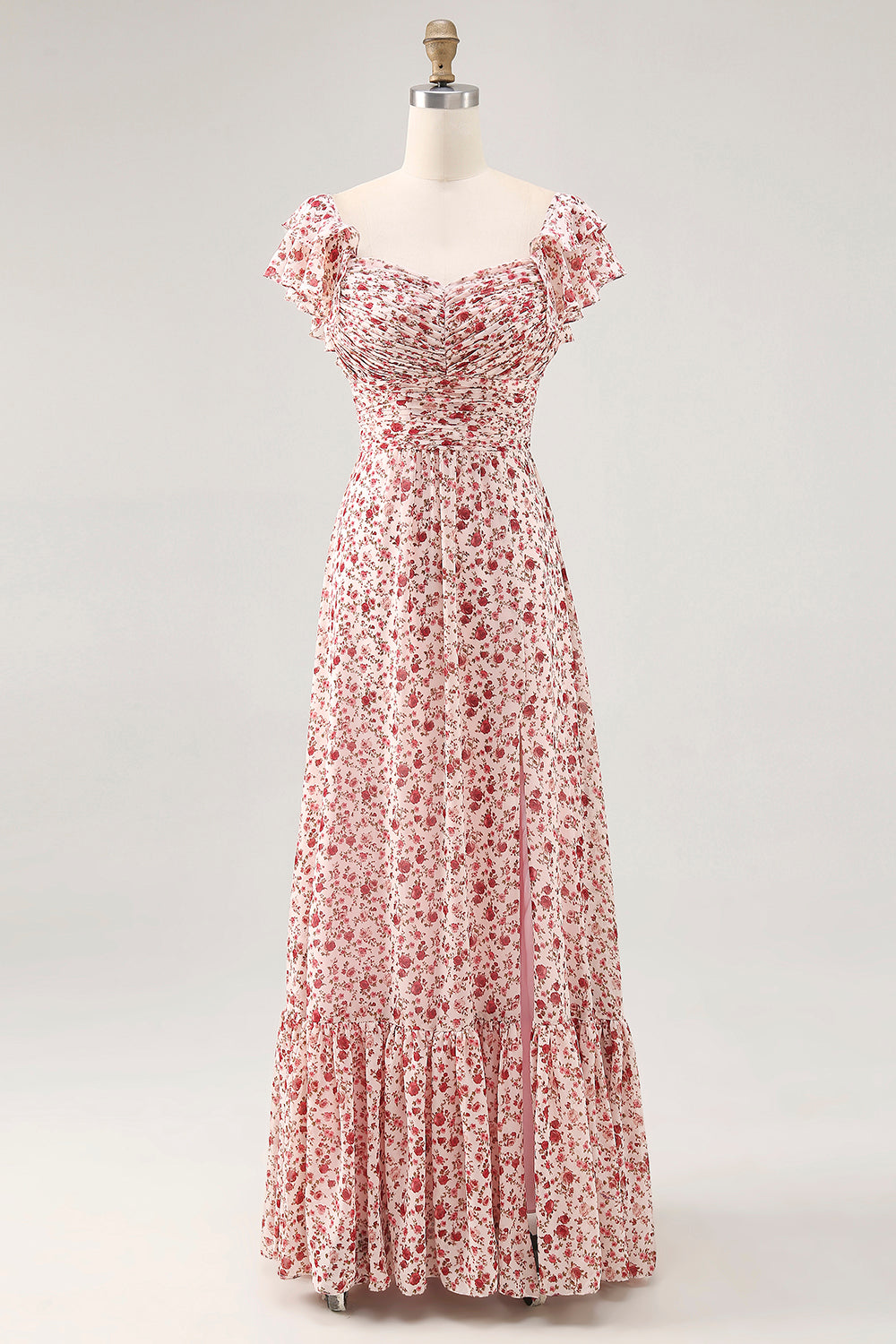 Blush Flower Printed Ruffled A Line Long Bridesmaid Dress with Slit