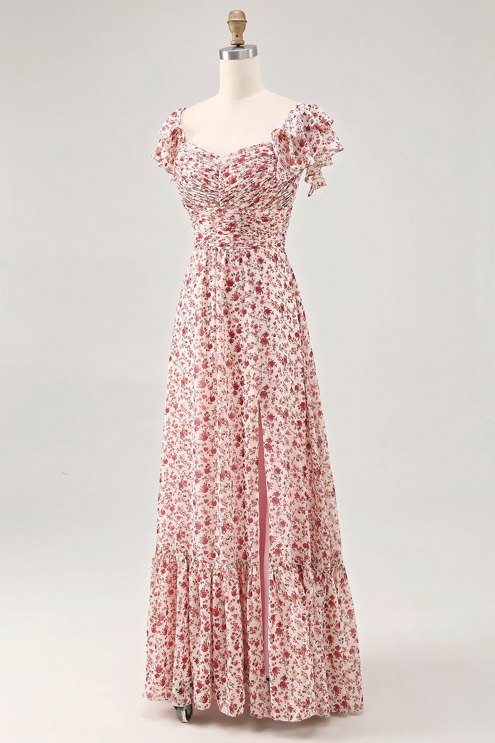 Blush Flower Printed Ruffled A Line Long Bridesmaid Dress with Slit