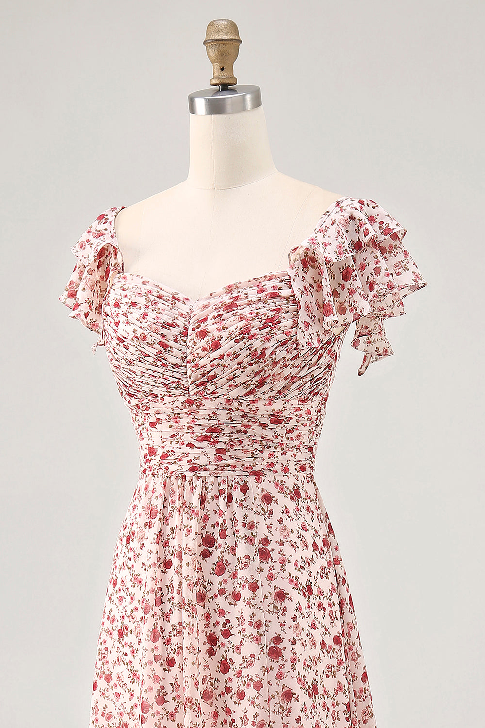 Blush Flower Printed Ruffled A Line Long Bridesmaid Dress with Slit