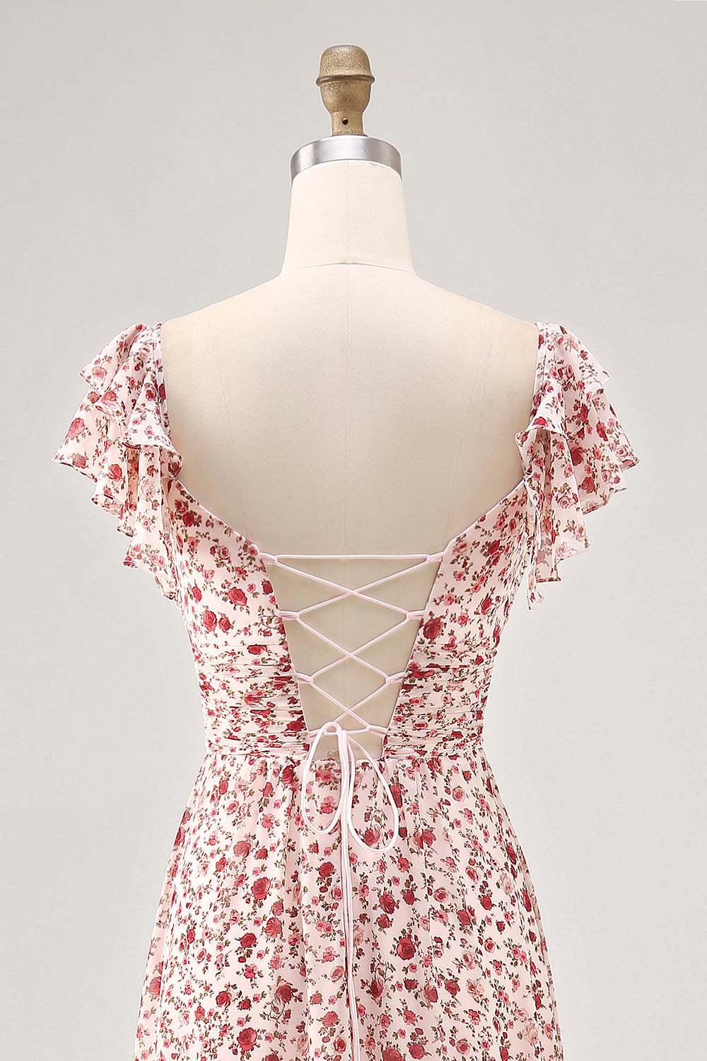 Blush Flower Printed Ruffled A Line Long Bridesmaid Dress with Slit
