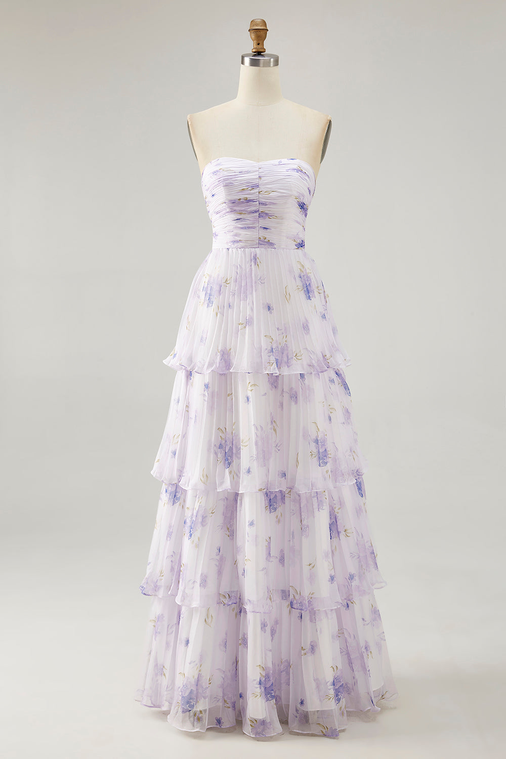 Tiered Lavender Floral A Line Strapless Pleated Long Bridesmaid Dress