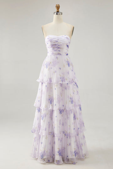Tiered Lavender Floral A Line Strapless Pleated Long Bridesmaid Dress