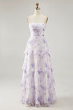 Tiered Lavender Floral A Line Strapless Pleated Long Bridesmaid Dress