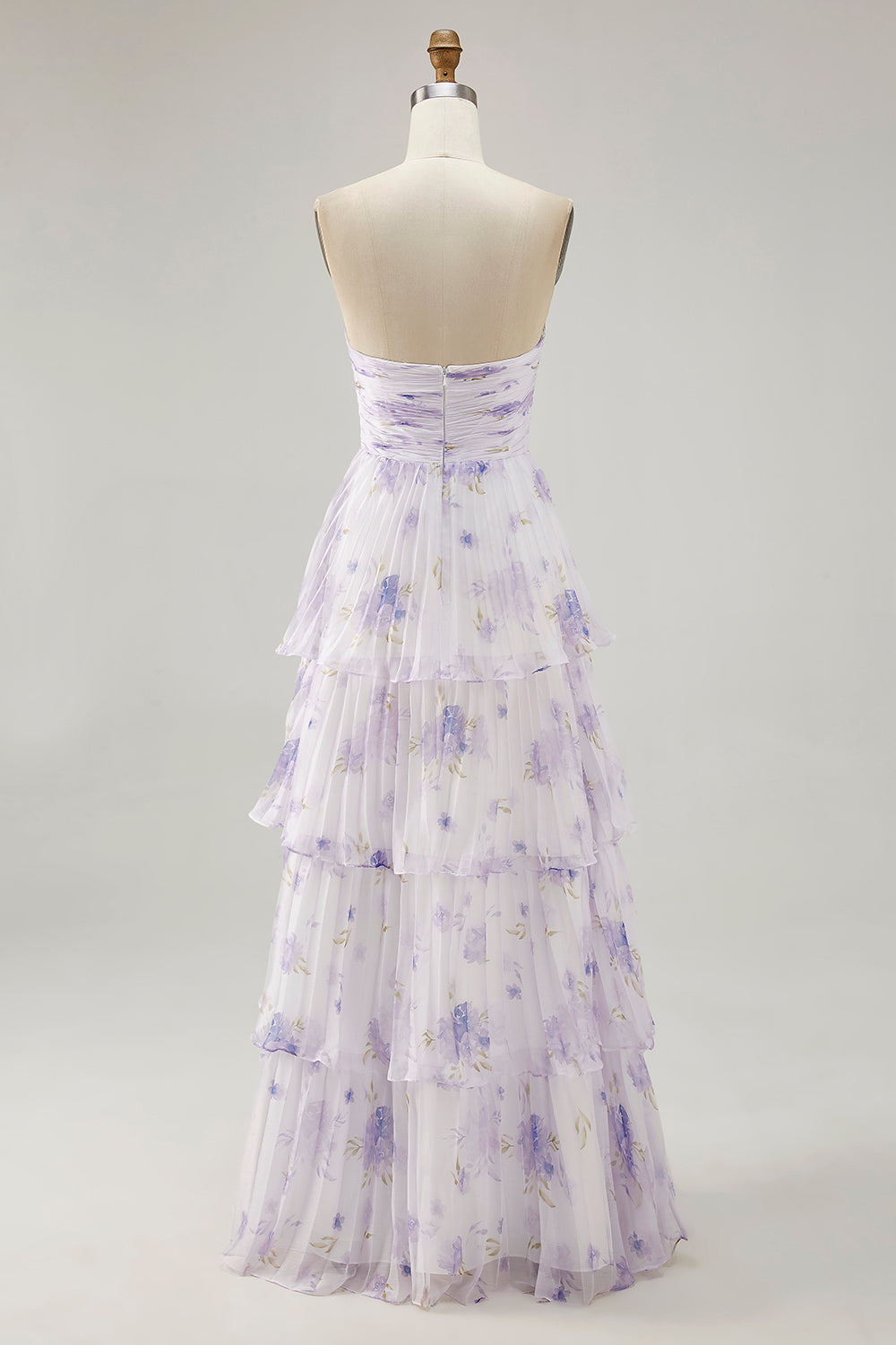 Tiered Lavender Floral A Line Strapless Pleated Long Bridesmaid Dress