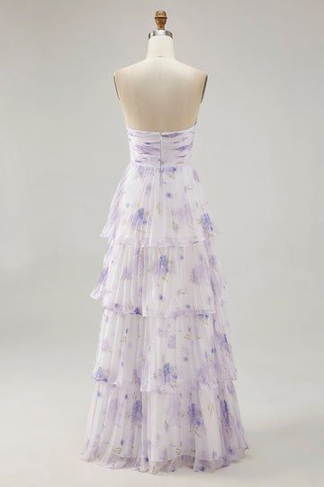 Tiered Lavender Floral A Line Strapless Pleated Long Bridesmaid Dress