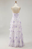Tiered Lavender Floral A Line Strapless Pleated Long Bridesmaid Dress