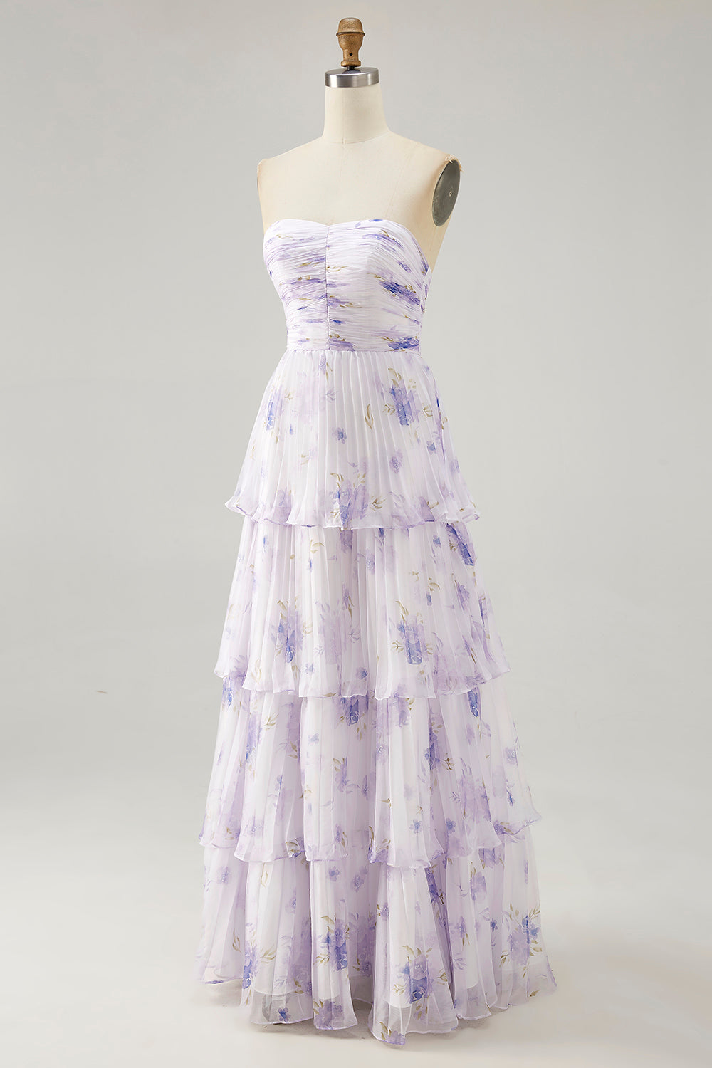Tiered Lavender Floral A Line Strapless Pleated Long Bridesmaid Dress