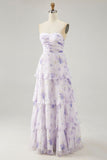 Tiered Lavender Floral A Line Strapless Pleated Long Bridesmaid Dress