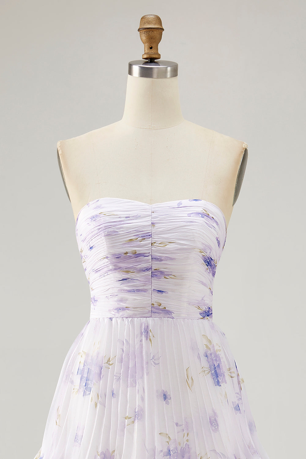 Tiered Lavender Floral A Line Strapless Pleated Long Bridesmaid Dress