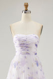 Tiered Lavender Floral A Line Strapless Pleated Long Bridesmaid Dress