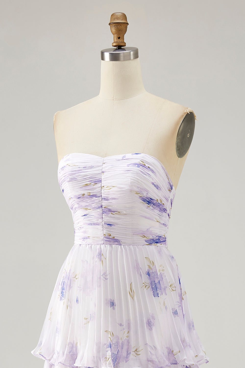 Tiered Lavender Floral A Line Strapless Pleated Long Bridesmaid Dress
