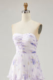 Tiered Lavender Floral A Line Strapless Pleated Long Bridesmaid Dress