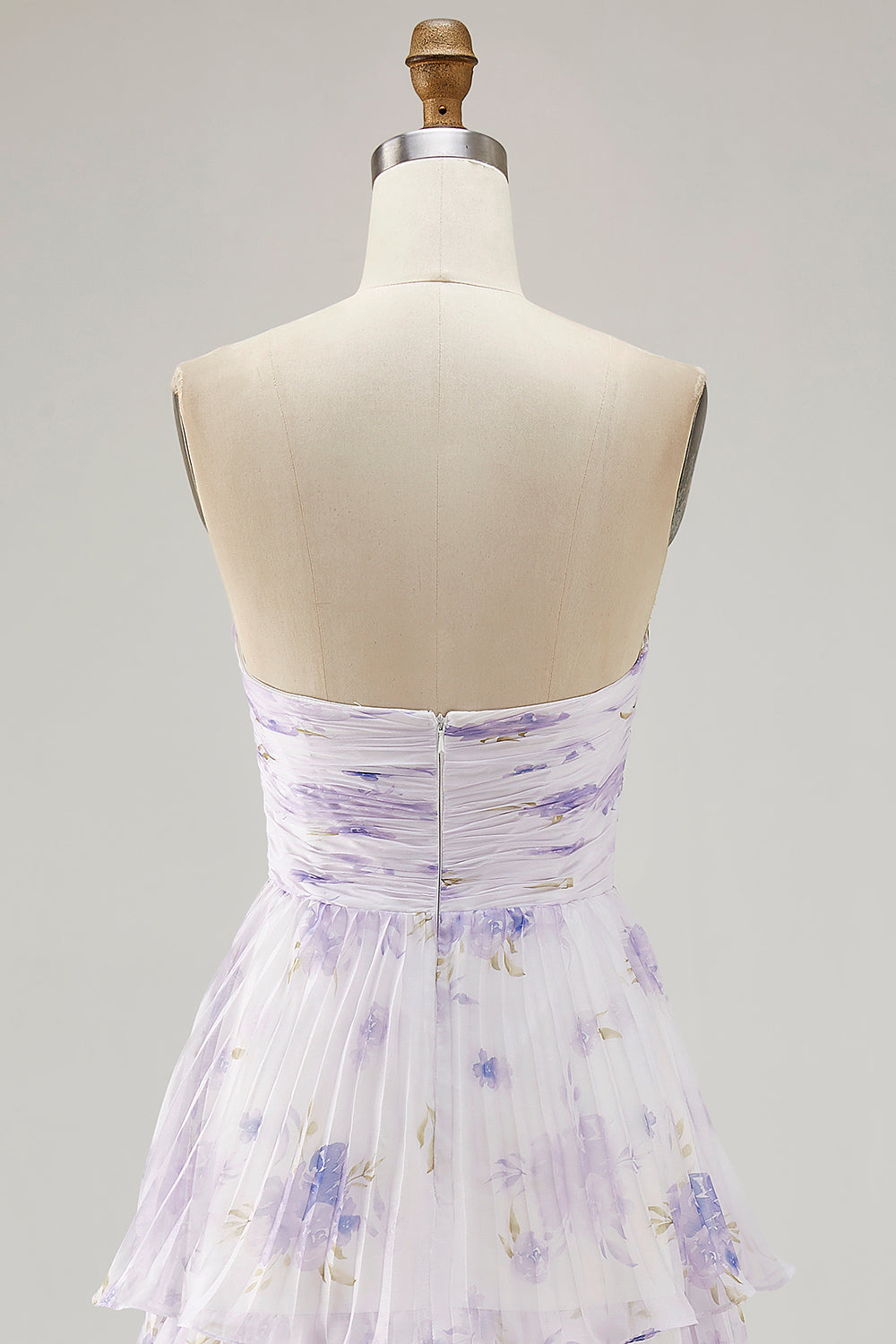 Tiered Lavender Floral A Line Strapless Pleated Long Bridesmaid Dress