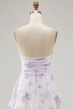 Tiered Lavender Floral A Line Strapless Pleated Long Bridesmaid Dress