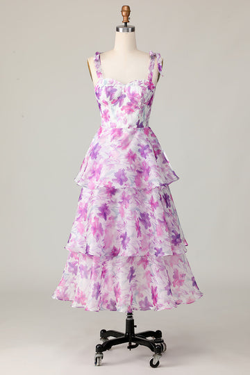 Purple Floral A Line Tiered Long Bridesmaid Dress with Ruffles