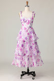 Purple Floral A Line Tiered Long Bridesmaid Dress with Ruffles