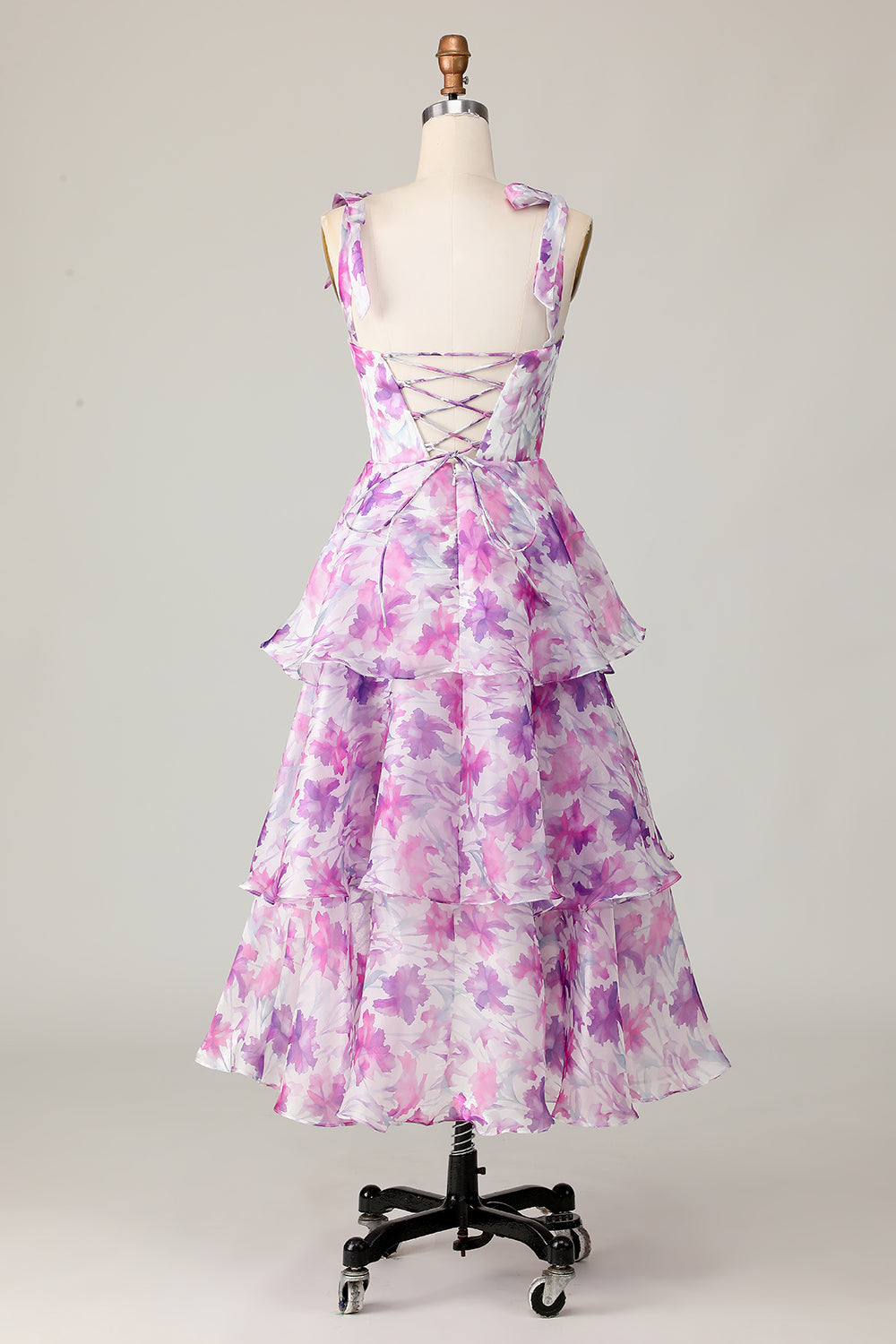 Purple Floral A Line Tiered Long Bridesmaid Dress with Ruffles