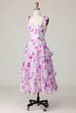 Purple Floral A Line Tiered Long Bridesmaid Dress with Ruffles