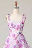 Purple Floral A Line Tiered Long Bridesmaid Dress with Ruffles