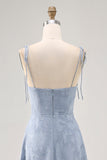 Dusty Blue A Line Spaghetti Straps Midi Bridesmaid Dress with Slit