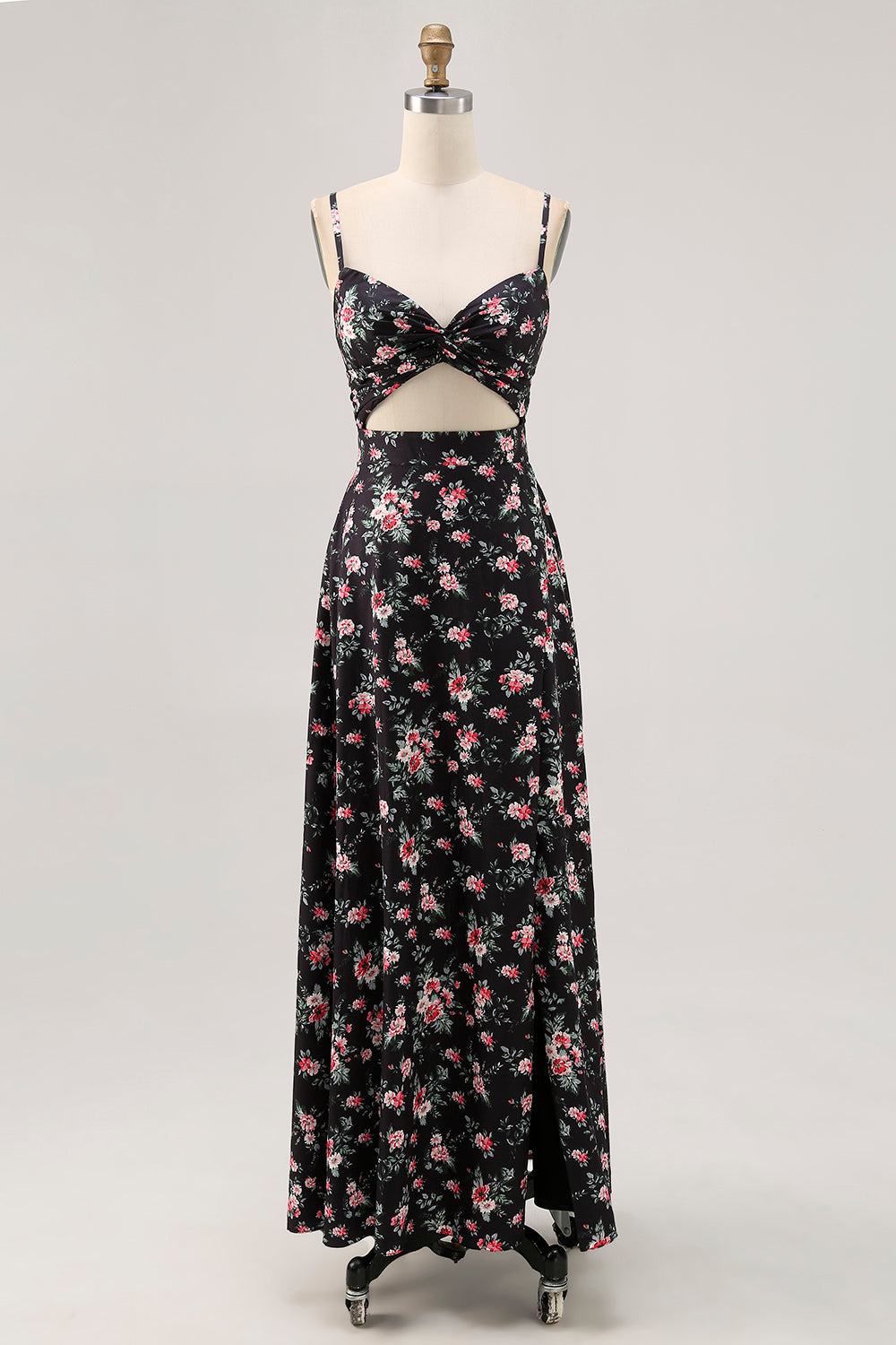 Black Floral Cut Out A Line Long Wedding Guest Dress