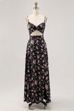 Black Floral Cut Out A Line Long Wedding Guest Dress