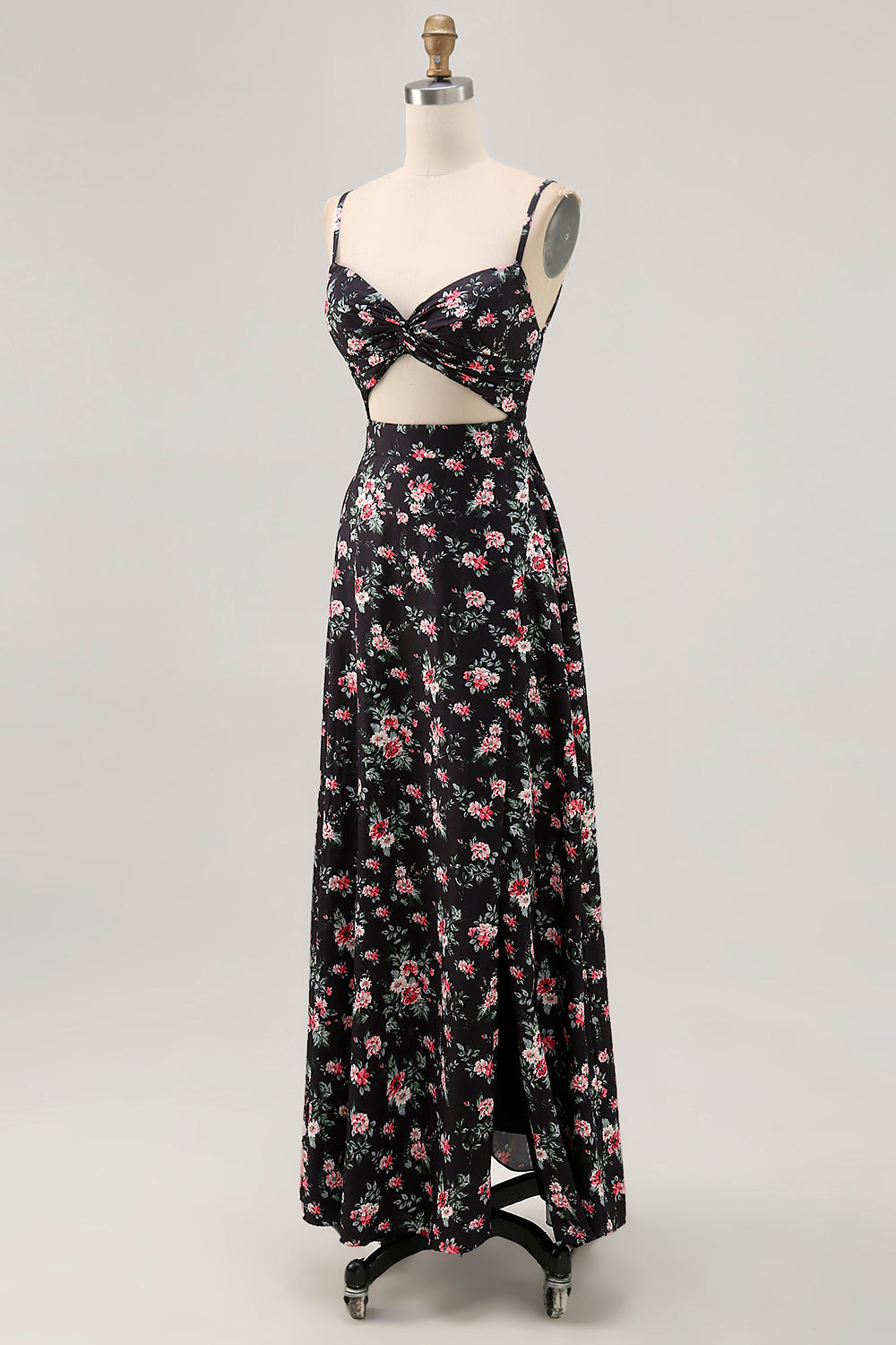 Black Floral Cut Out A Line Long Wedding Guest Dress