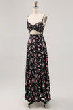 Black Floral Cut Out A Line Long Wedding Guest Dress