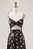 Black Floral Cut Out A Line Long Wedding Guest Dress