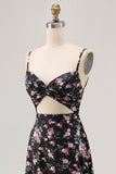 Black Floral Cut Out A Line Long Wedding Guest Dress