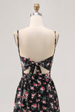 Black Floral Cut Out A Line Long Wedding Guest Dress