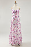 Purple Floral A Line Spaghetti Straps Printed Long Wedding Guest Dress