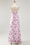 Purple Floral A Line Spaghetti Straps Printed Long Wedding Guest Dress