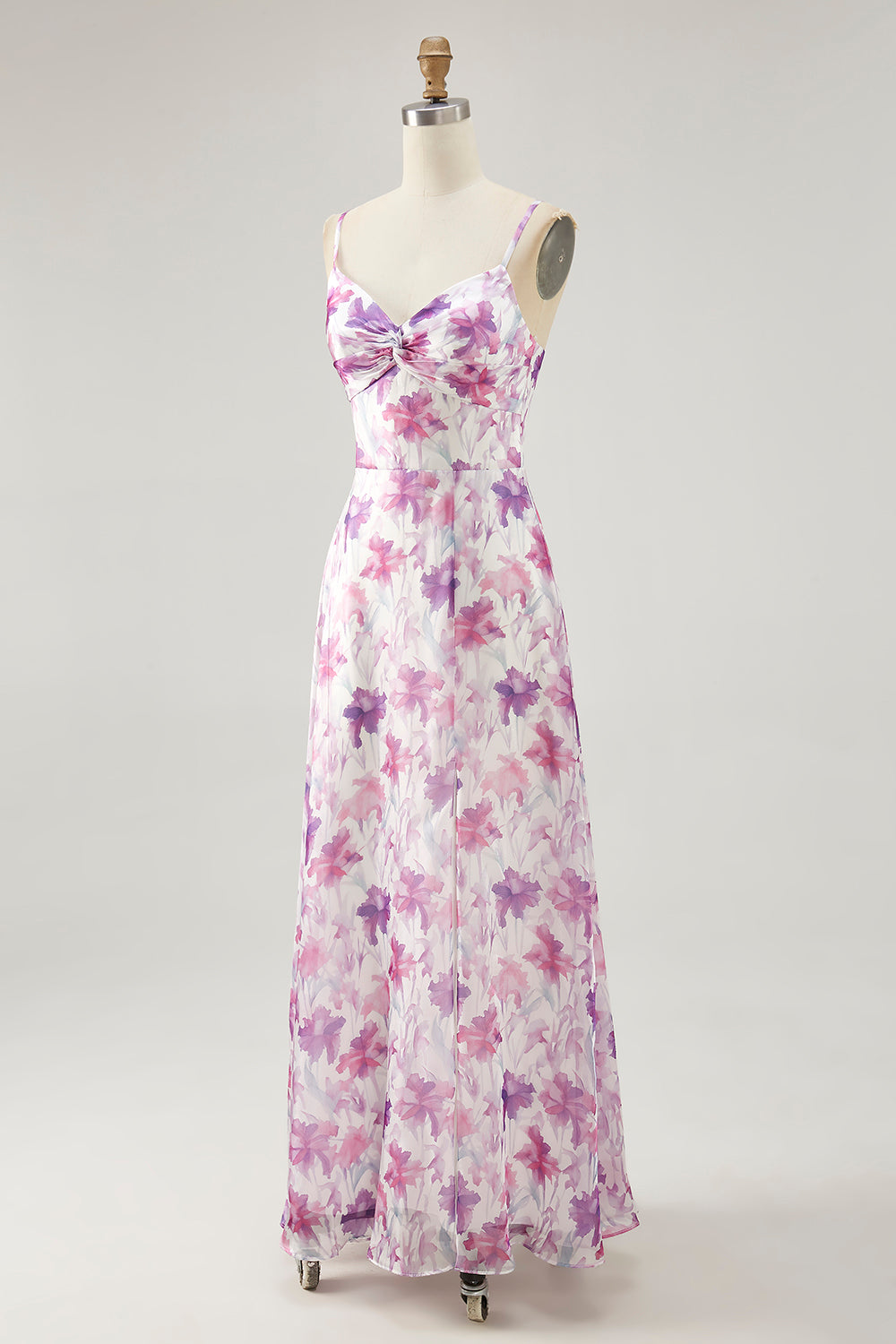 Purple Floral A Line Spaghetti Straps Printed Long Wedding Guest Dress