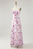 Purple Floral A Line Spaghetti Straps Printed Long Wedding Guest Dress