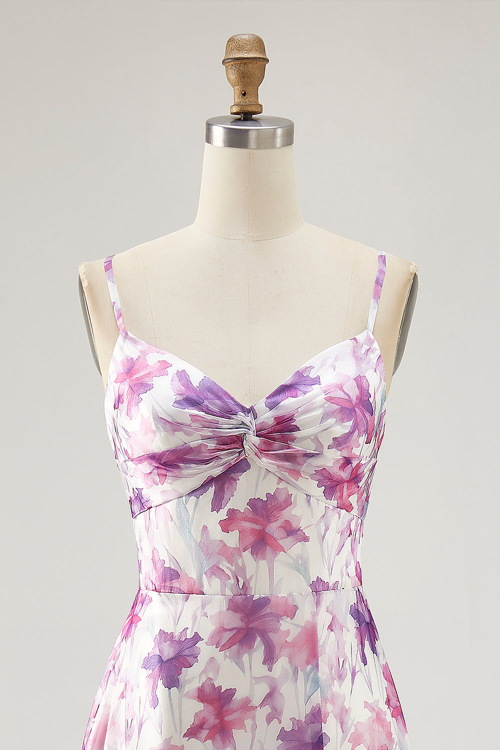 Purple Floral A Line Spaghetti Straps Printed Long Wedding Guest Dress