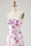 Purple Floral A Line Spaghetti Straps Printed Long Wedding Guest Dress