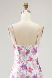 Purple Floral A Line Spaghetti Straps Printed Long Wedding Guest Dress
