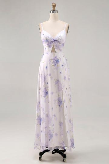 Lavender Flower Spaghetti Straps Long Bridesmaid Dress with Slit