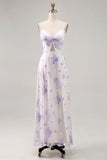 Lavender Flower Spaghetti Straps Long Bridesmaid Dress with Slit