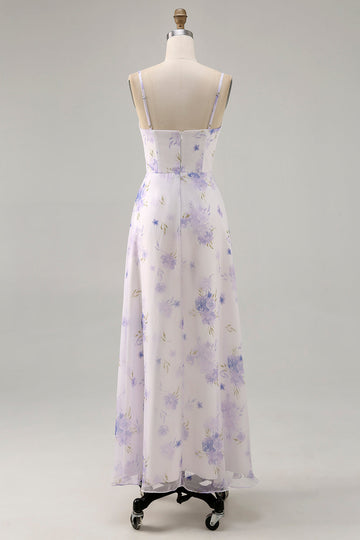 Lavender Flower Spaghetti Straps Long Bridesmaid Dress with Slit